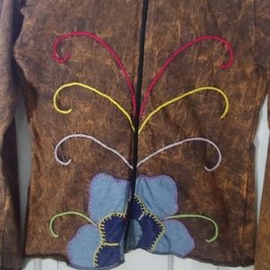 Applique Zip Up Shirt Sweater Hoodie Floral Design